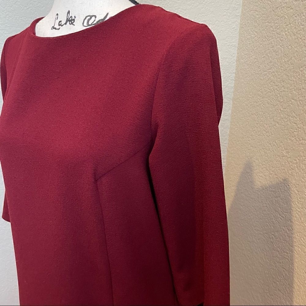 promod Burgundy Drop Waist Mini Dress with Faux Pockets and 3/4 Sleeves EU 38 - Picture 3 of 15